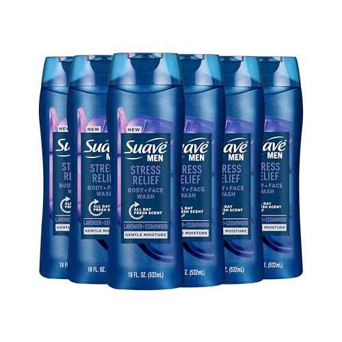 Suave Men¡¯s Stress Relief Body + Face Wash, Gentle Moisture with Lavender & Cedarwood All Day Fresh Scent, 18 oz, 6 Pack