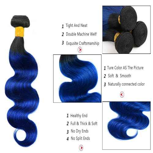 Bundles Human Hair 18 20 22 Inch Body Wave T1B Blue Human Hair Bundles Unprocessed Brazilian Virgin Quick Weave for Black Women