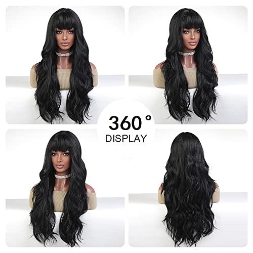 OUFEI Long Wavy Brack Wigs for Women Natural Synthetic Hair Heat Resistant Wigs for Daily Party Cosplay Wear-28 Inches