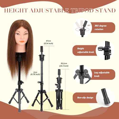 Mannequin Head with Human Hair - 20-22" Cosmetology Mannequin Head with 100% Real Human Hair for Braiding Practice Cutting - Manikin Head with Human Hair for Hairdresser with Tripod Set