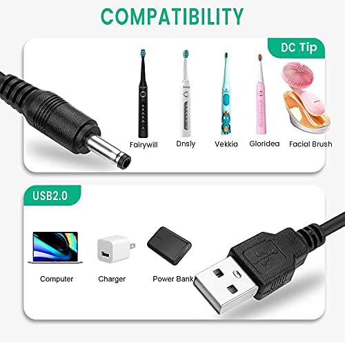 Electric Toothbrush Charger Cable Replacement for Fairywill Sonic, Bitvae D2 Sonic, Vekkia, Dnsly, Gloridea Brush and Foreo Luna 3 - USB Cord 5 ft Black (2-Pack)