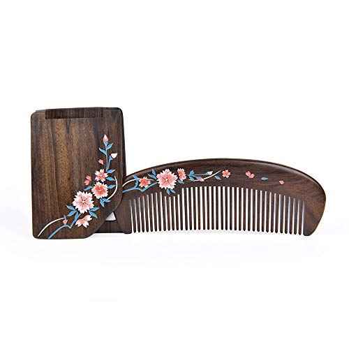 TAN MUJIANG Natural Wooden Comb & Mirror Set - Handcrafted Natural Wooden Haircare Kit with Sakura Design