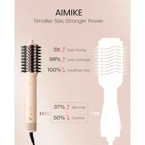 AIMIKE HyperFlow High Speed Blow Dryer Brush, One-Step Hair Dryer & Styler Volumizer, 3X Fast Drying & No Heat Damage, Detachable Hot Air Round Brush for Smooth Frizz-Free Blowout, 3.3'' Overall Dia