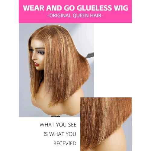 ORIGINAL QUEEN OQ Hair Glueless Wigs Human Hair 5x7 Bob Straight Wigs for Women Highlight Blonde Wear and Go Short Bob Wigs Pre Plucked Pre Cut Pre Bleached 4/27 Color 16Inch