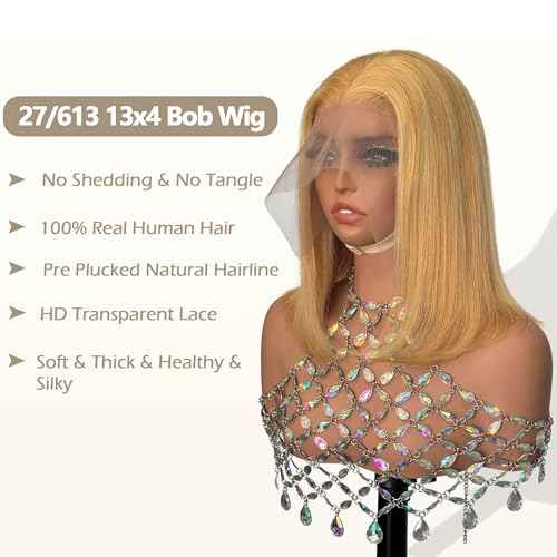 Highlight Blonde Bob Wigs Human Hair Strwberry Blonde mix with Bleach Blonde Short Bob Wig Human Hair for Women 13x4 HD Lace Front Wig Pre Pluckd Glueless Wigs 180% Density Bleached Knots