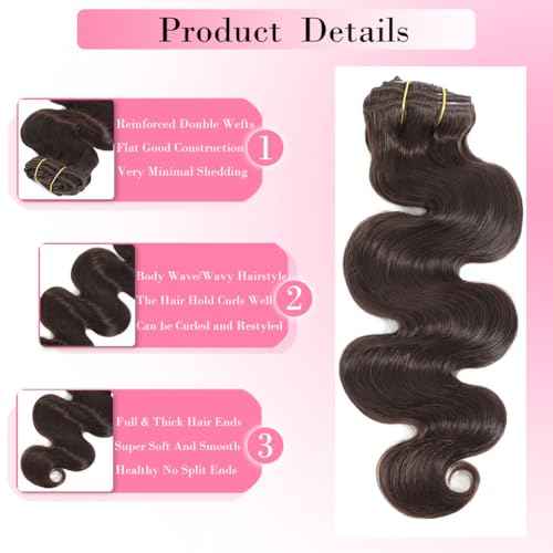 Dark Brown Clip in Hair Extensions Real Human Hair 8Pcs 130g with 18 Clips Body Wave Human Hair Clip in Extensions for Women Full and Thick Brown Wavy Human Hair Extensions (#2,22 Inch)