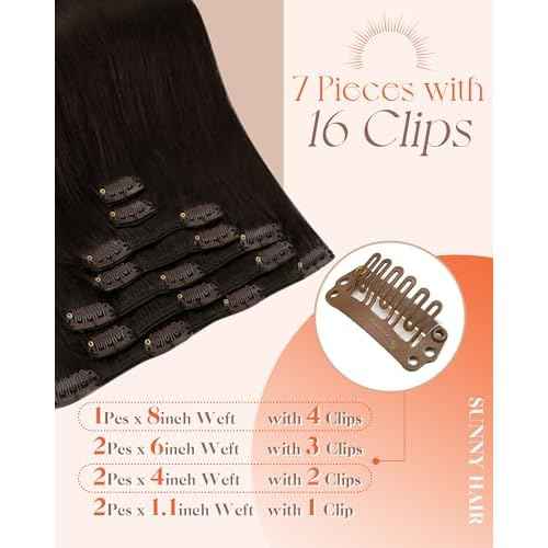 Sunny Hair Clip in Hair Extensions Straight Human Hair Clip in Extensions Remy Clip in Hair Extensions Real Human Hair Extensions Clip ins Full Head Dark Brown Color 2 18inch