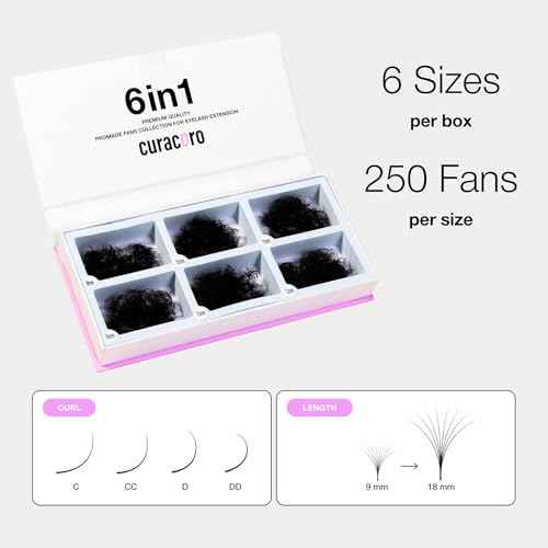 Curacoro Promade Mix 1500 Fans - Handmade Volume Eyelashes, Multi Selections From 5D To 12D, C CC D Curl, Thickness 0.03~0.1 mm, 9-18mm Length, Long Lasting & Easy Application (8D-0.05 CC, 9-14mm)