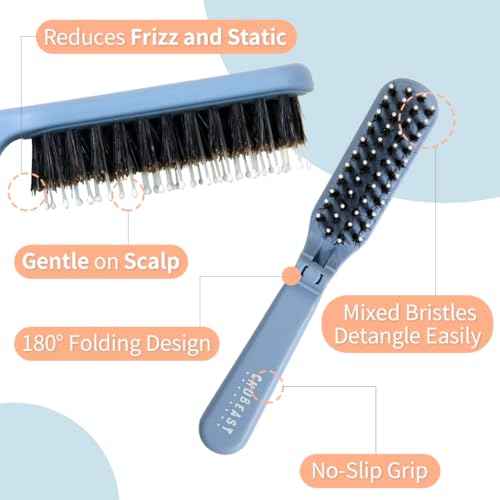 Uffy MiniPop Travel Hair Brush ? Mini Folding Boar Bristles for Women, Men & Kids | Kid-Friendly Portable Purse Brush for Wet & Dry Hair, Curly or Straight | Pocket-Size Detangler ? Hot Pink