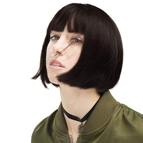 REECHO 11" Short Bob Wig with bangs Synthetic Hair for White Black Women Color: Black Brown