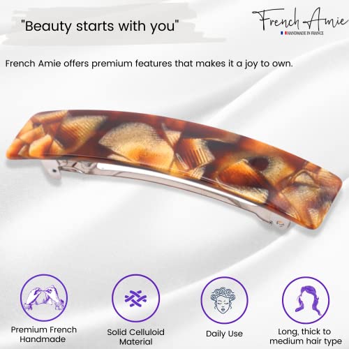 French Amie Oblong Handmade 3.5" Celluloid Automatic Hair Clip Barrette French Hair Clip for Girls Strong Hold Hair Clips for Women No Slip Durable Paris Hair Accessories, Made in France (Caramel)