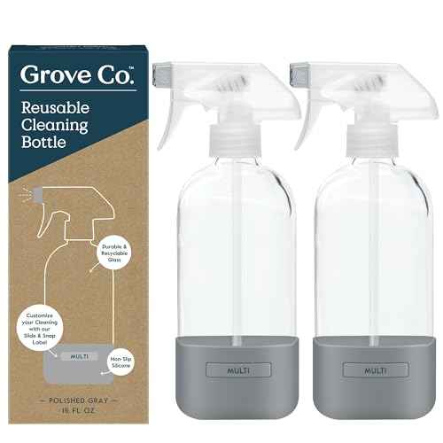 Grove Co. Glass Spray Bottles for Cleaning Solutions, 2-Pack Bundle, Unique Silicone Sleeve Slide & Snap Custom Label, Refillable Spray Bottle, Made from Recycled Glass, 2 x 16 oz