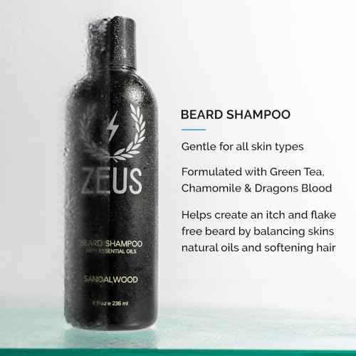 ZEUS Beard Care Starter Kit for Men, Natural Shampoo, Conditioner & Refined Oil, Soften, Hydrate & Strengthen Thick Facial Hair (Made in USA) Vanilla Rum