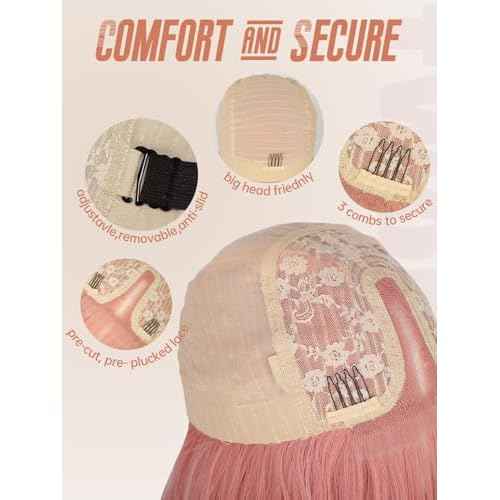 Pink Glueless Lace Front Wig For Women | 26 Inch Long Straight Layered Synthetic Wig With Curtain Bangs | Heat Resistant, Wear & Go, No Glue Needed | Cosplay & Daily Use