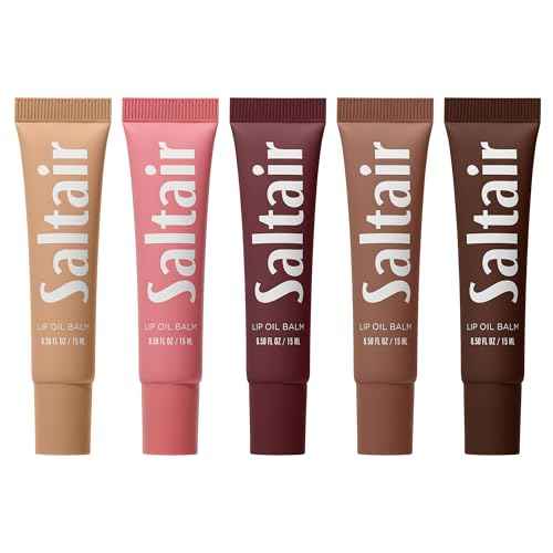 Saltair Hydrating Lip Oil Balm, Clear and Tinted Lip Gloss, Essentials Shades 5-Pack. Moisturizing Vegan Conditioning for Dry Cracked Lips with Glossy High-Shine Finish. Coconut Vanilla Flavor
