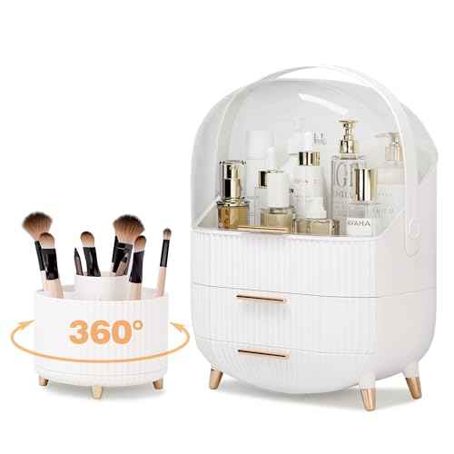 RMAN Makeup Organizer for Vanity Make up and Cosmetics Storage with Lid and Drawers Skincare Organizers Display Cases for Countertop Bathroom Dresser(White With 360 Rotating Brush Holder)