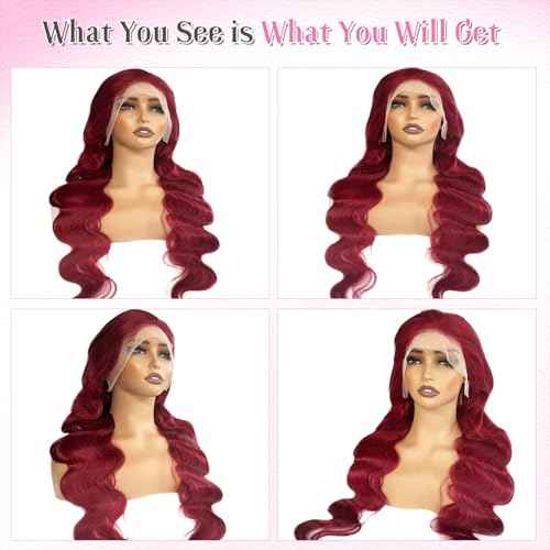 Benafee Burgundy Lace Front Wigs Human Hair 30 Inch Body Wave 99J Reddish Brown Human Hair Wig for Black Women 13x4 Long Free Part Curly Wine Red Lace Frontal Gluelss Wigs Pre Plucked Bleached Knots