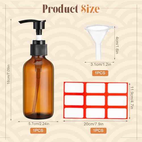 Fumete 2 Pack Glass Bottles 4oz Empty Refillable Liquid Containers with 1 Label 1 Funnel for Essential Oils Hair Travel Plants Cleaning Skin Care(Amber, Black Top,Pump Bottle)