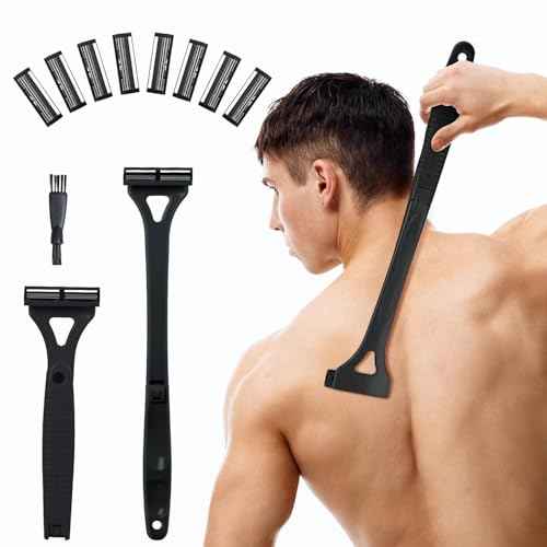Back Shavers for Men with Foldable Long Ergonomic Handle: DIY Hair Shaver, Replaceable Safety Blade & Portable Razor Groomer for Men, Wet & Dry Shaving,Black (8PCS Blades Included)