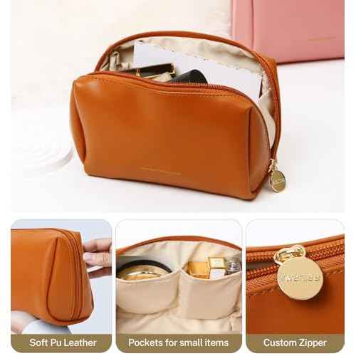 Aveniee Small Travel Makeup Bag, Vegan Leather Cosmetic Pouch for Purse,Wide-open Toiletry Organizer with Dividers & Zipper, Beauty Storage for Women-Brown