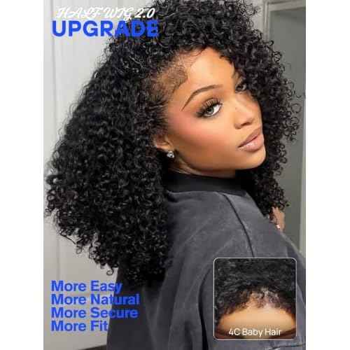 Nadula Afro Kinky Curly Half Wig Human Hair 16 Inch - Glueless Drawstring Wig with 4C Blend Edges, No Leave Out Wear and Go, Natural Look Flip Over Style, Beginner Friendly & Ready to Go Half Wig