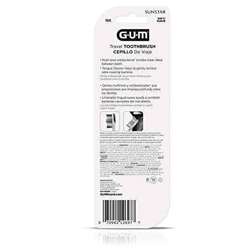GUM Folding Travel Toothbrush, Compact Head + Tongue Cleaner, Soft Bristled Travel Toothbrushes for Adults, 2ct (Pack of 6)