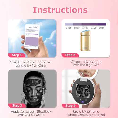 UV Camera for Sunscreen Test UV Mirror Sunscreen Camera, 3.8 Inch Rechargeable 2X Magnifying Vanity Mirror with Light Handheld Double-Sided Pocket Mirror for Skin Protection(White)