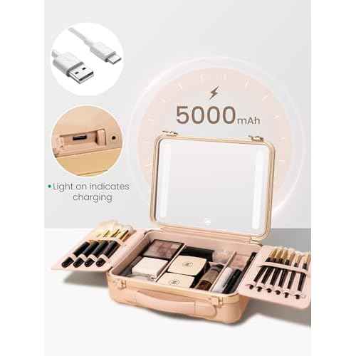 ROWNYEON Light Up Travel Makeup Case With Mirror - Portable Makeup Organizer and Train Case for Makeup Artists and Girls (Pink)