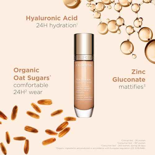 Clarins Skin Illusion Longwear Full Coverage Foundation|Luminous Matte Finish|24H Hold and 24H Hydration|Natural Looking|Transfer, Sweat and Smudge Proof| Contains Hyaluronic Acid|1 Fl Oz
