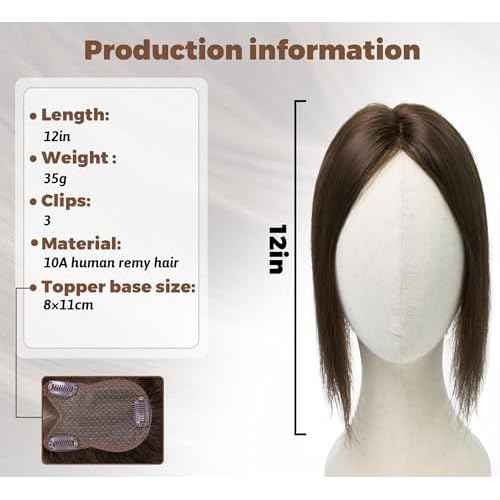 8x11cm Breathable Hair Topper, 12 inches 35g 120% Density Real Human Hair, 3 Non-Slip BB Clips, Wearable on Left, Right & Middle Part, Versatile Styling for Hair Loss & Volume Boost (Brown)