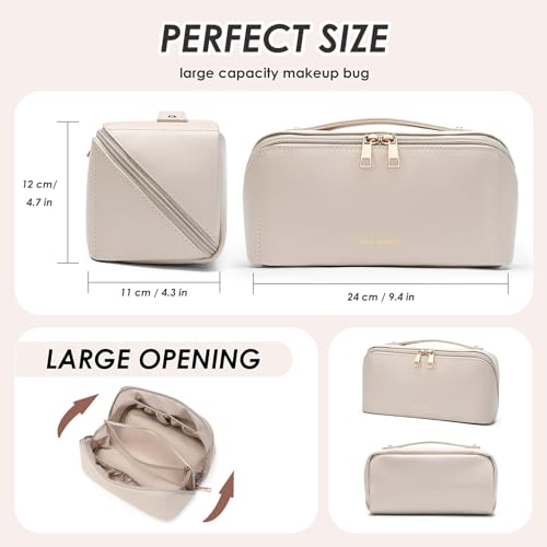 GOLF QUALITY Makeup Bag,White PU Large Travel Cosmetic Bag Pouch with Zipper,Water-resistent Cute Toiletry Bag with compartments Open Flat Make Up Organizer Case for Toiletries, Brushes