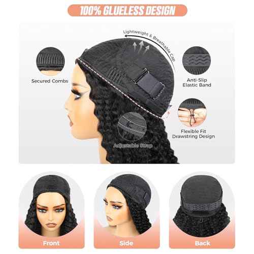 Domiso Afro Kinky Curly Half Wig Human Hair Seamless Kinky Curly 3 In 1 Half Wig Flip Over Beginner Friendly Glueless Wear & Go Drawstring Heandband Clip in Wig No Sew In Black Color 20 Inch
