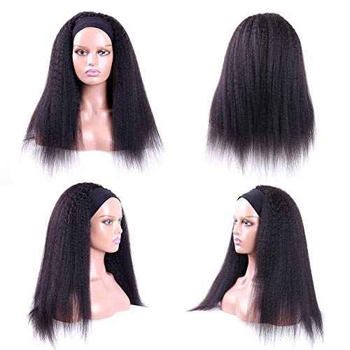 Headband Wigs Human Hair 180% Density 12A Kinky Straight Human Hair Headband Wigs For Black Women Yaki Straight Human Hair Wigs With Headband Attached Natural Black Color 22 Inch