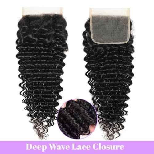 Human Hair Bundles with Closure (18 20 22+16 Closure) Deep Wave Bundles with Closure 100% Unprocessed Brazilian Virgin Curly Closure with Bundles Human Hair Weave with 4x4 Lace Closure Natural Color