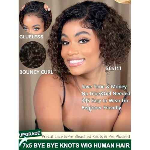 KLAIYI Ombre Brown Curly Bob Wig Human Hair Bye Bye Knots Glueless Wig Precut Lace Pre Bleached Pre Plucked 7x5Lace Front Easy to Wear Put On Go Wig with Dark Roots Side Part Balayage Brown Wig 10Inch
