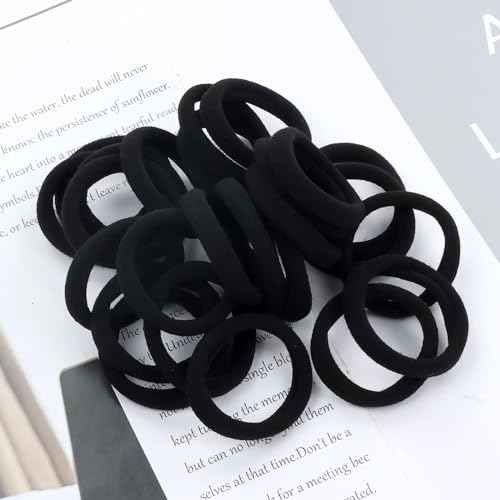 100PCS Black Soft Seamless Cotton Hair Ties for Women and Girls, Thick/Thin Hair Ponytail Holders, No Crease No Damage Elastics (1.6 Inch Diameter)