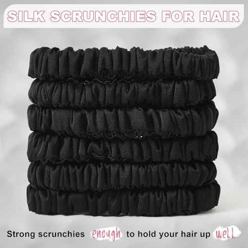 6PCS 100% Mulberry Silk Scrunchies Small Black Silk Hair Ties No Damage Satin Hair Scrunchies for Women Girls Simple Versatile High Elasticity DEMAZALO