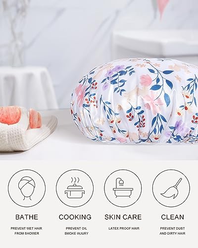 Aquior Shower Cap,Terry Cloth Lined Shower Cap for Women Reusable, Triple Layer Waterproof Bath Cap, Extra Large for Women Long Hair