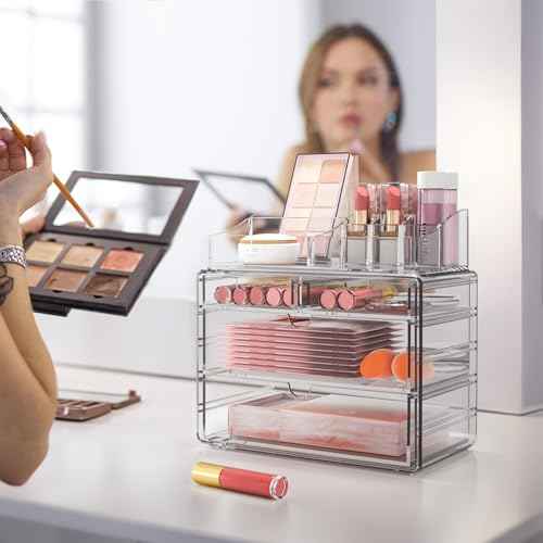 Delamu 4-Tier Clear Makeup Organizer with Drawer, Stackable Acrylic Cosmetic Storage for Bathroom Vanity, Dresser Countertop, Make Up and Jewelry Storage, Beauty Holder for Lipstick Brush Skincare