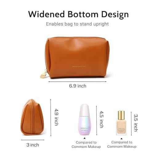 Aveniee Small Travel Makeup Bag, Vegan Leather Cosmetic Pouch for Purse,Wide-open Toiletry Organizer with Dividers & Zipper, Beauty Storage for Women-Brown
