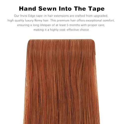 ABH AMAZINGBEAUTY HAIR Invisi Edge Tape in Hair Extensions Real Human Hair, Seamless Injected Hand-Tied Virgin Human Hair Pro Quality Tape ins 20PCS 50G/Pack, Auburn Color #30 22Inch