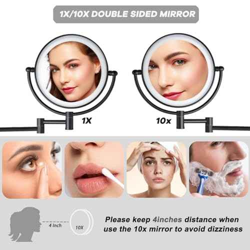 Wall Mounted Makeup Mirror with Lights and 10X Magnification, 8" Rechargeable Double Sided Touch Dimmable Foldable Extended Arm 360 Rotation for Bathroom, Matt Black
