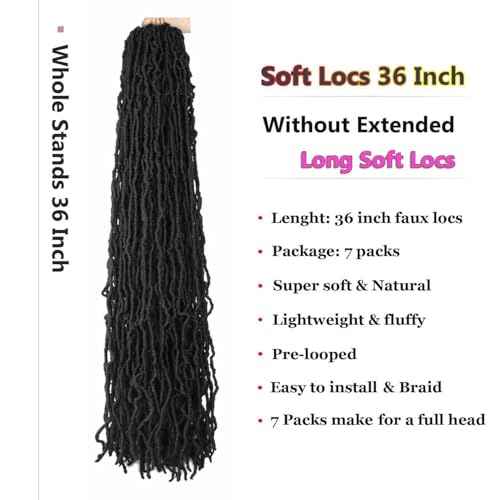 7 Packs 36 Inch Soft Locs Crochet Hair Pre Looped Curly Wavy Distressed Faux Locs for Butterfly Locs Crochet Braids for Black Women (1B, 36 Inch(pack of 7))