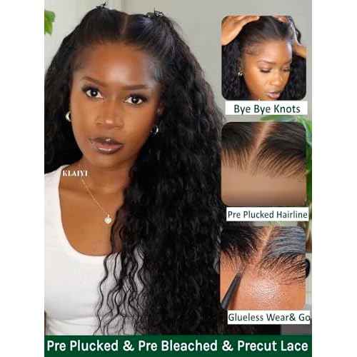 KLAIYI Water Wave Pre Everything Glueless 13x4 Lace Front Wigs Human Hair Precut Lace Pre Plucked Pre Bleached Bye Bye Knots Curly Wear and Go Beginners Wig with Drawstring 30S Ready to Wear 16Inch