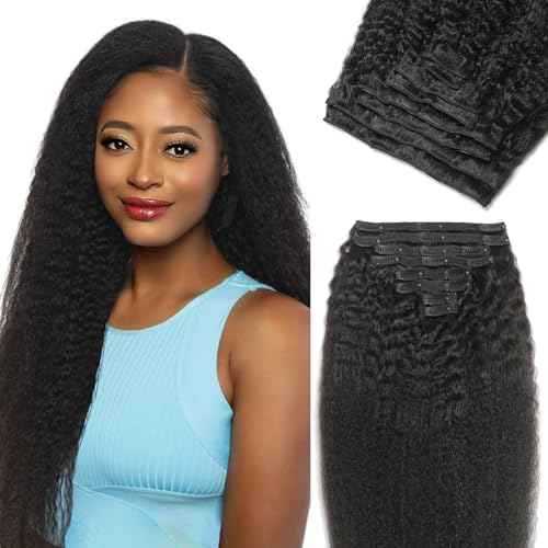 Kinky Straight Clip in Human Hair Extensions for Black Women 8Pcs 120g Seamless Kinky Straight Clip Ins 18Clips Double Weft Human Hair Full Head Hair Extensions (1B 22 Inch)