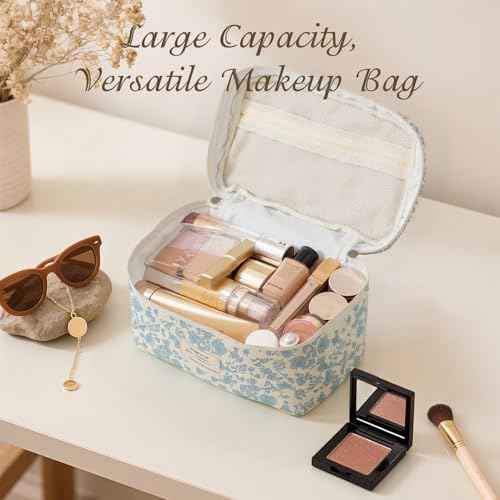 Large Makeup Bag, Cute Cosmetic Bag for Women Girls Floral Coquette Aesthetic Toiletry Bag Travel Make Up Organizer Bag (Blue)