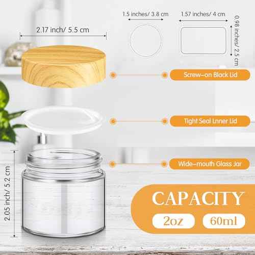 Layhit 96 Pcs 2oz Glass Jars with Lids Clear Small Jars with Plastic Woodgrain Lids, White Labels and Inner Liners Empty Round Cosmetic Containers for Creams Lotions Candle Making (2oz/ 60ml)