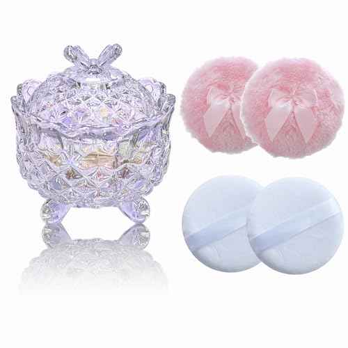 5 Pieces Large Body Powder Puff and Powder Container, Crystal Case for Dust Puff, Powder applicator with Box for Face and Body (Glitter, Butterfly)