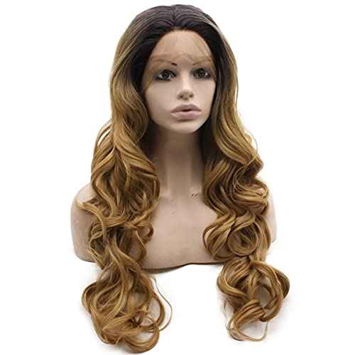 MX angel Long Black Roots Blonde Ombre Hand Tied Ombre Synthetic Wig Lace Front Heat Resistant Fiber Hair