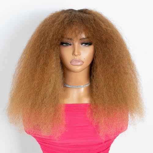 Rebecca Fashion Afro Kinky Curly Wig with Bangs Human Hair Minimalist 2.5x1 Lace Scalp Wig for Women Glueless Wear and Go Wigs Ombre Dark Brown to Honey Blonde Color